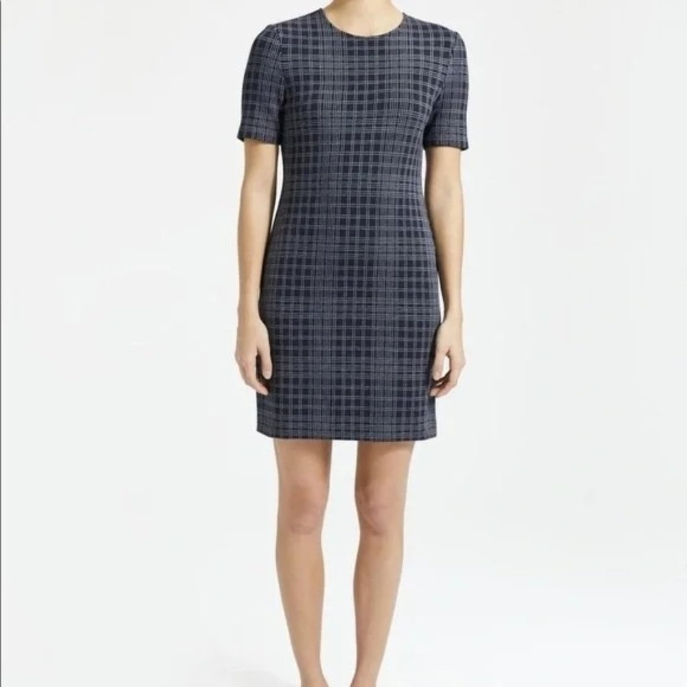 Theory Rijik Black Plaid Short Sleeve Structured Knit Shift Dress size 0